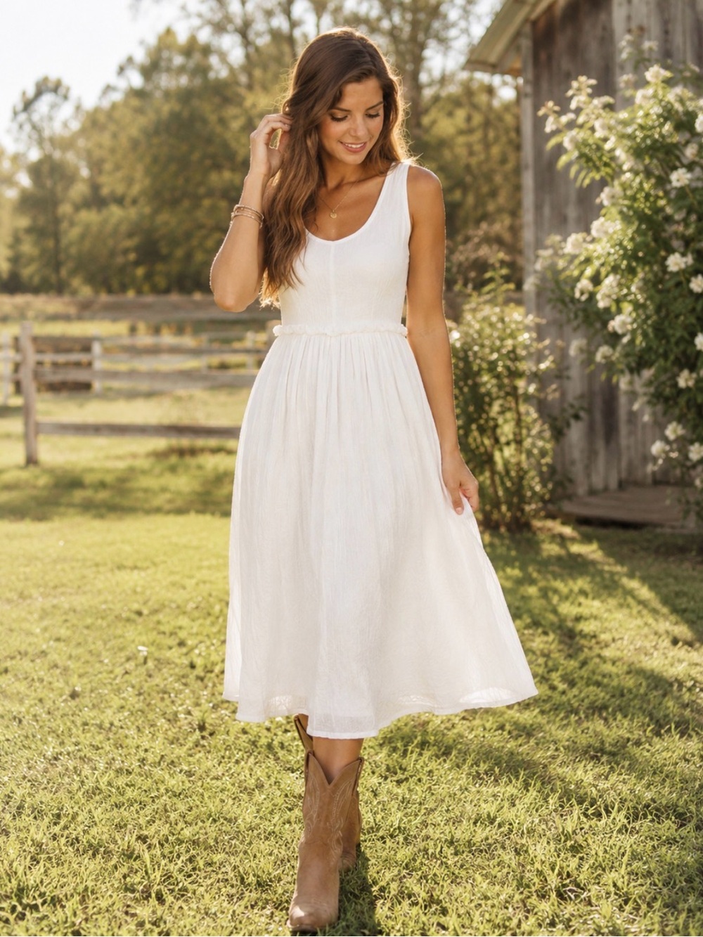 Nordstrom MELLODAY White Sleeveless lined Midi Dress with Gathered Waist